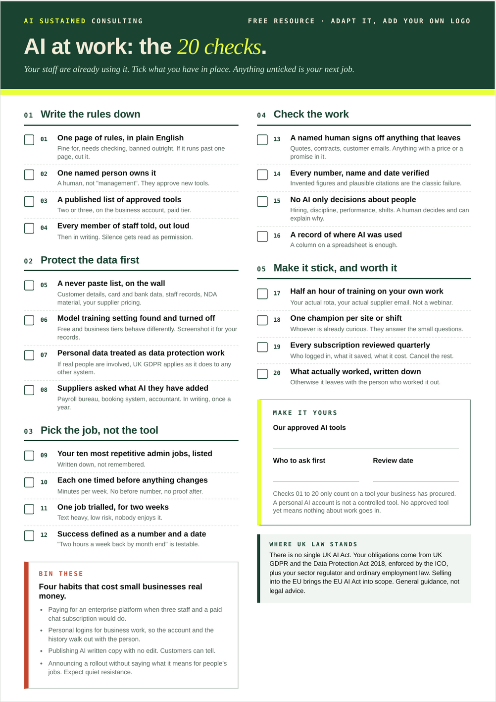Preview of the one-page AI at work checklist, twenty tick boxes across five blocks with lines to fill in
