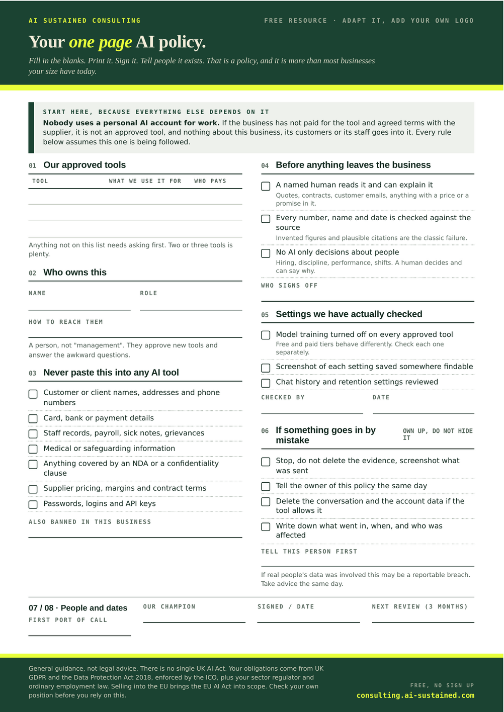 Preview of a free one page fill-in-the-blanks AI policy for UK small businesses