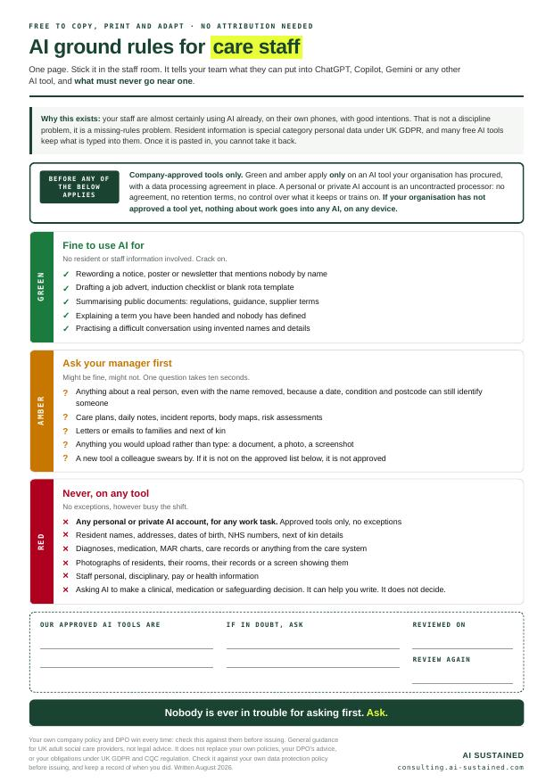 Preview of the AI ground rules one-pager for care staff