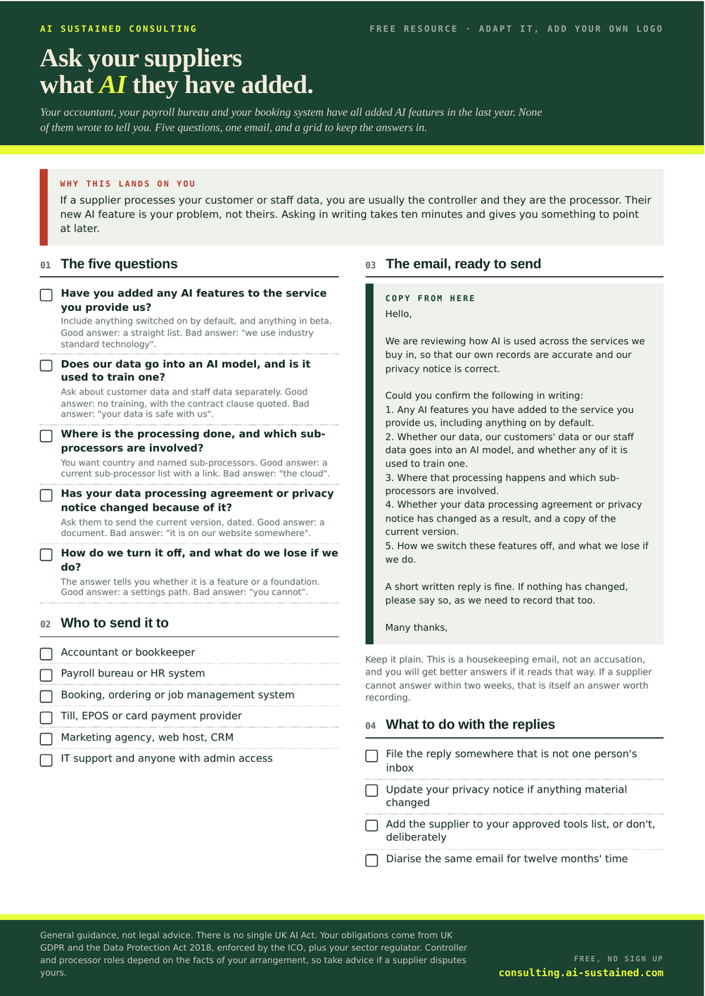 Preview of five questions, an email template and a register for checking what AI your suppliers have added